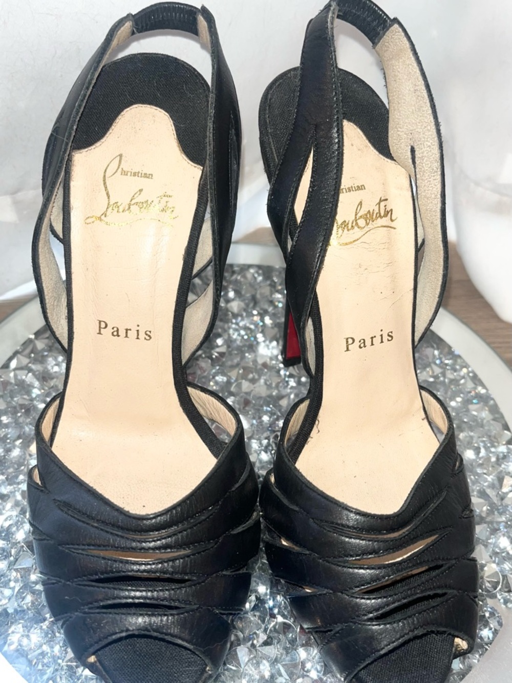 Christian Louboutin Black Leather Slingback Platform Peep Toe Heels Red Bottom